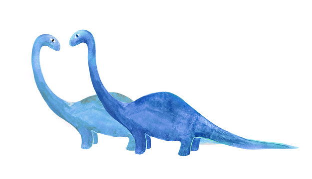 Two blue dinosaurus hand drawn raster illustration in naive style isolated on white.