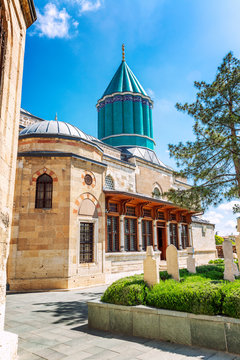 The exterior of the courtyard of the Mevlana Museum. Beautiful historic building. Bright sunny day. Vertical.