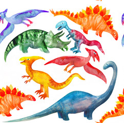 Hand drawn seamless pattern with cute watercolor dinosaurs isolated on white background. Perfect for kids fabric, textile, wallpaper. Cute dino design. 