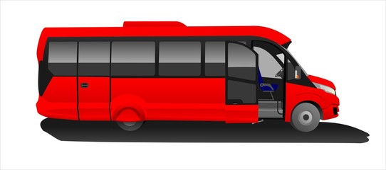 Red Bus with an open door, Side view. Tourist bus. Sightseeing bus. Modern flat Vector illustration on white background. © Antonina