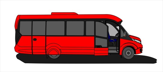 Red Bus with an open door, Side view. Tourist bus. Sightseeing bus. Modern flat Vector illustration on white background.