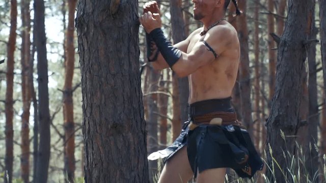 Barbarian warrior throws his axes on the ground and climbs on a tree