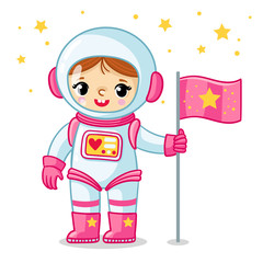 Little cosmonaut girl in a spacesuit holds a flag in her hand.