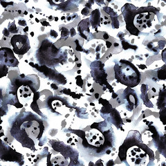 Seamless animal watercolour print. Blue spotted skin pattern. Wild mix of leopard spots and tiger stripes, hand painted watercolor on white background