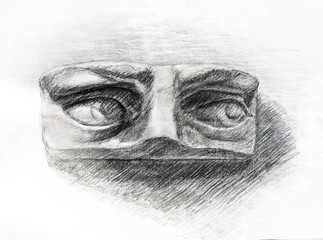 Pencil drawing of David's eyes. Art student learning the disciple, class work, training. 
