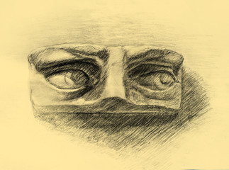 Pencil drawing of David's eyes on yellow - orange paper. Art student learning the disciple, class work, training. 