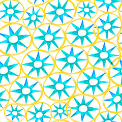Watercolor seamless pattern. Modern stylish texture. Repeating geometric  round and star tiles in yellow and blue colors on white background