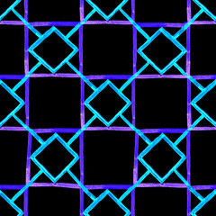 Geometric squares and rhombuses seamless pattern background. Black purple and blue colors