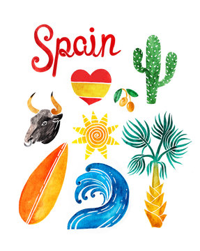 Elements for your design - summer in Spain set. Wave, sun, cactus, surfboard, lettering, black bull, olive, heart and palm tree  isolated on white background. Spanish traditional symbols and objects.