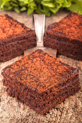 Chocolate brownie pieces on rustic wooden background with greens