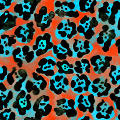 leopard pattern. Crazy orange blue colors skin print. Spotted animal illustration.