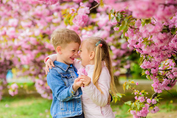 Tender love feelings. Couple kids on flowers of sakura tree background. Little girl enjoy spring flowers. Giving all flowers to her. Surprising her. Kids enjoying pink cherry blossom. Romantic babies