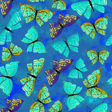 Blue Butterflies Repeat Seamless Pattern Background. Can Be Used For Fabric, Wallpaper, Stationery, Packaging.