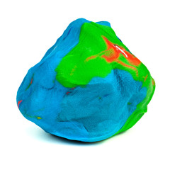 Mixed blue-green-red plasticine ball with distinct fingerprints isolated on the white background
