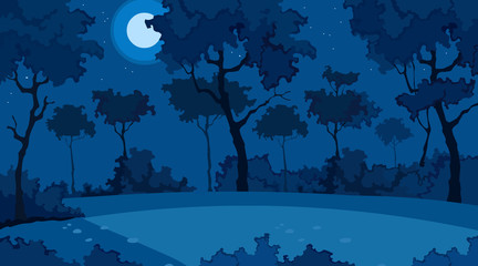 blue background of cartoon summer forest on a moonlit night