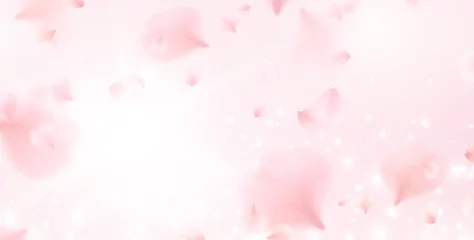 Deurstickers Petals of pink rose spa background. Realistic flying sakura cherry flower elements for romantic banner design. © Kindlena