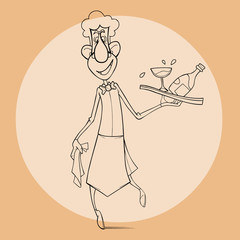 sketch cartoonish smiling waiter walks with a tray in hand