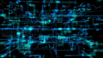 3D illustration, 3D rendering, abstract geometric background, Blue Line and Bokeh technology, architectural design chart, Big Data connection