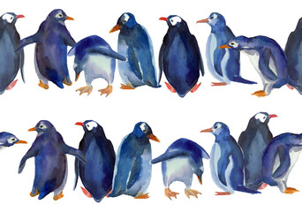 Watercolor hand drawn ilustration of different blue penguins stand in seamless border line, isolated on white background. Design for children illustration, backgrounds, packaging, decoration. 