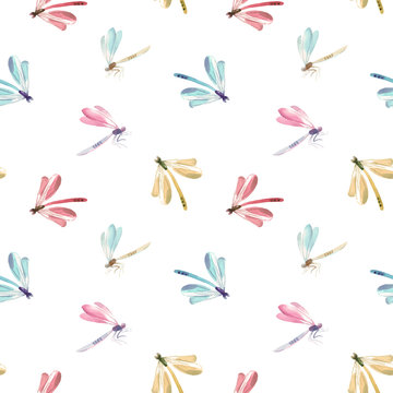 Watercolor dragonfly vector pattern
