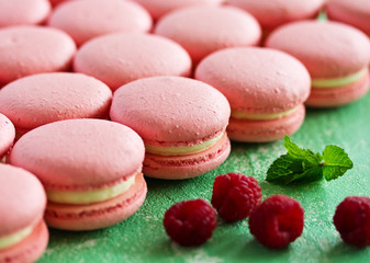 Macaroni French dessert with raspberries and chocolate.