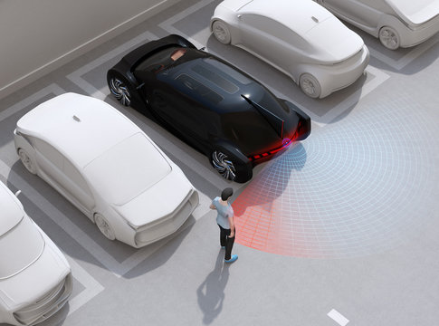 Head-in parking black car emergency stopped when the rear sensor detected pedestrian near the car. Advanced driver assistance system concept. 3D rendering image.