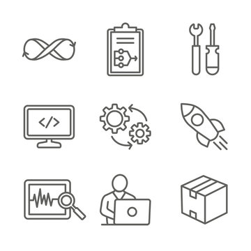DevOps Icon Set with Plan, Build, Code, Test, Release, Monitor, Operate and Package