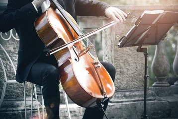 A musician in a classic black suit plays the cello with a bow, sitting on an elegant white chair on...