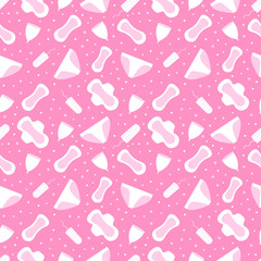 Period party seamless pattern with female hygiene products. Tampons, pads, panties and menstrual cup. vector illustration