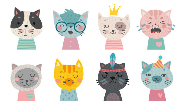 Cute cats faces. Hand drawn characters.