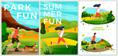 Vector summer posters set - roller riding and running activities. Forests, trees and hills on background. Print template with place for your text.