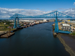 The Tees Transporter Bridge that crosses the river Tees between stockton and Middlesbrough. The bridge is made of steel and over 100 years old