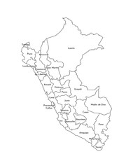 Vector isolated illustration of simplified administrative map of Peru. Borders and names of the departments (regions). Black line silhouettes