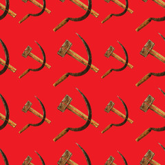 Hammer and sickle seamless pattern on red color in the soviet style