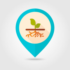 Plant with roots flat vector pin map icon, garden