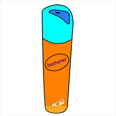 Freshener. Yellow with blue cap. Vector graphics. Stock vector illustration. Isolated on white background. Copy space.