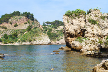 Fototapeta na wymiar View of Isola Bella beach in Taormina, Sicily, Italy