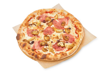 Fresh Italian pizza with , pastrami, ham, mushrooms and isolated on isolated white background.