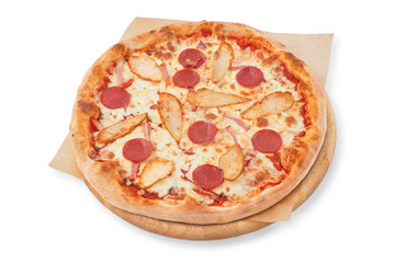 Pizza with mozzarella cheese, chicken, pepperoni restaurant menu, isolated white background.