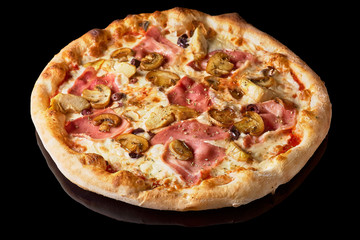 Fresh Italian pizza with , pastrami, ham, mushrooms restaurant menu, isolated an on isolated black background