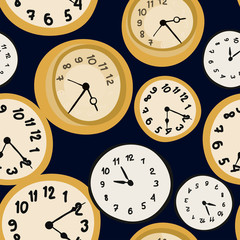 Seamless pattern with gold watch faces on dark blue background. Clock print in vintage style. Vector. Elegant design. Perfect for fabrics, book covers, magazines, Wallpaper, antique shop, interior