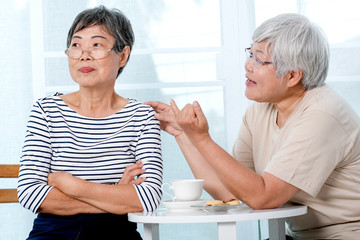 One Asian elderly woman try to reconcile to the other one during the tea time near balcony in the...