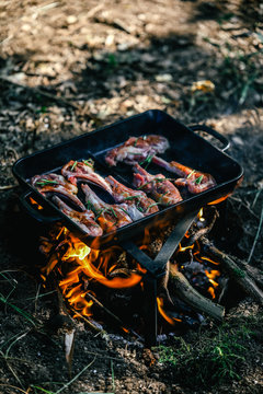 campfire red meat in pan, near the fire outdoors. bushcraft, adventure, travel, tourism and camping concept.
