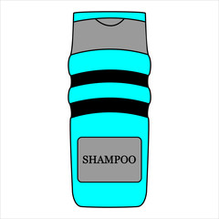 Blue shampoo bottle with black stripes. Vector graphics. Stock vector illustration. Isolated on white background. Copy space. There is a place for text.