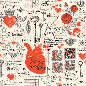 Fototapeta Abstract background with hearts, roses, keys, keyholes, cupids and handwritten inscriptions. Vector seamless pattern on the theme of Declaration of love and Valentine day in retro style