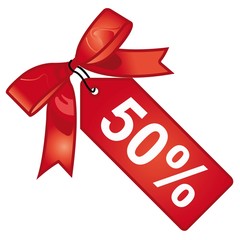Red tag discount of 50 percent. Vector icon.