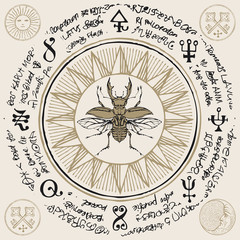 Illustration of a hand-drawn stag-beetle on an old abstract illegible text written in a circle with magical inscriptions and symbols. Vector banner in retro style