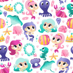 Super Cute Mermaids Sea Creatures Seamless Pattern Background