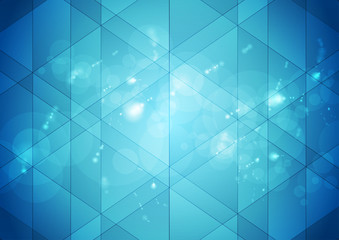 Fototapeta premium Bright blue technology low poly background with shiny bokeh effect. Geometric abstract vector design