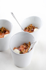 Red salmon canape portion, raw fish. Top view catering banquet table with different food snacks and appetizers. Cold snacks, close up. iIsolated on white background. Party food.